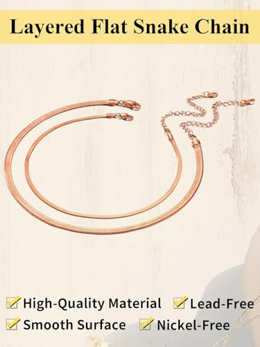 ChainsHouse Flat Snake Chain Herringbone Choker Necklace for Women, Stainless Steel/Rose Gold/18K Gold Plated Dainty Adjustable Simple Short Layered Necklaces, 12"/15"/18" with 3.5" Extender - color: b. layered-3mm+5mm-rose gold