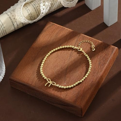 Gold Ankle Bracelets for women,14k Gold/Silver Plated Waterproof Layered lightweight Bow Beaded Twisted Chain Cross Butterfly Satellite Ankle Bracelets Set Gold Anklets for women Trendy Summer Beach Jewelry Gift for Women - style: anklets bow beaded-Gold