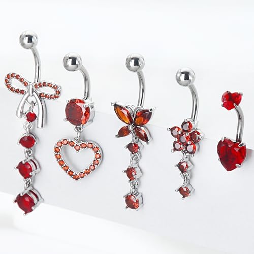 BSJ4U Belly Button Ring Dangle Navel Belly Piercing Jewelry Cute Pink CZ Heart Butterfly Bow Flower Navel Belly Rings for Women 14G Silver Stainless Steel Dainty Dangly Dangling Belly Button Piercing - color: Red CZ Belly Button Rings