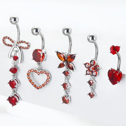 BSJ4U Belly Button Ring Dangle Navel Belly Piercing Jewelry Cute Pink CZ Heart Butterfly Bow Flower Navel Belly Rings for Women 14G Silver Stainless Steel Dainty Dangly Dangling Belly Button Piercing - color: Red CZ Belly Button Rings
