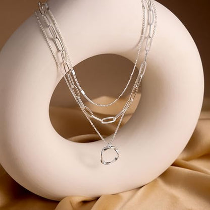 CHESKY Layered Silver Necklace for Women Trendy,Dainty Silver Plated Stackable Charm Necklace Layering Paperclip Tennis Rope Chain CZ Pendant Jewelry Set Gifts - style: paperclip