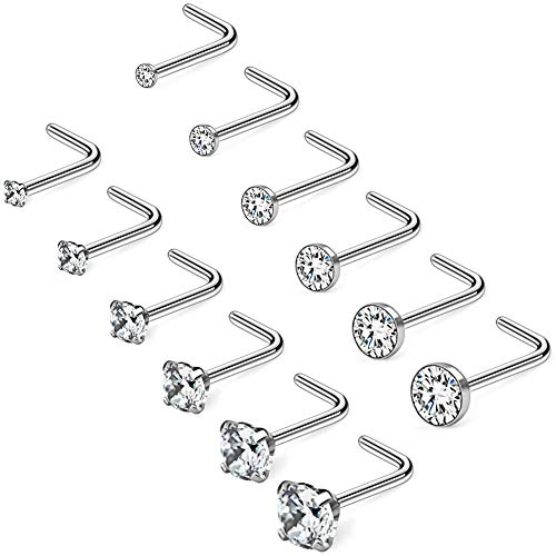20G 1.5mm 2mm 2.5mm 3mm 3.5mm 4mm Opal Clear Diamond CZ Nose L Shaped Studs Rings Piercing Jewelry 4-20PCS - color: 12PCS - Silver