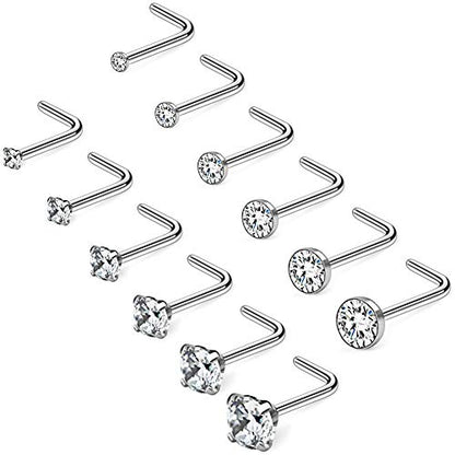20G 1.5mm 2mm 2.5mm 3mm 3.5mm 4mm Opal Clear Diamond CZ Nose L Shaped Studs Rings Piercing Jewelry 4-20PCS - color: 12PCS - Silver