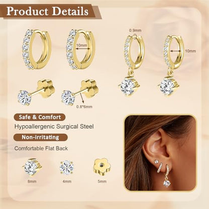 14K Gold Hoop Dangle Stud Earrings Surgical Steel Helix Piercing | Hypoallergenic,Cubic Zirconia,3 Pairs Huggie Hoop Set for Women,Dangle Stud,Cartilage Tragus Conch Earring,Jewelry Gift - color: A6-Gold Round CZ C