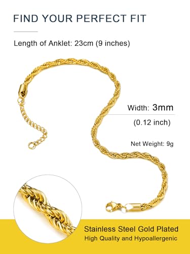 ChainsPro Resizable Anklet Chain for Women Men, Figaro/Wheat/Twist Rope/Cuban Foot Bracelet-Strong with Good Clasp-18K Gold Plated(Send Gift Box) - color: 09:twsit rope-Gold
