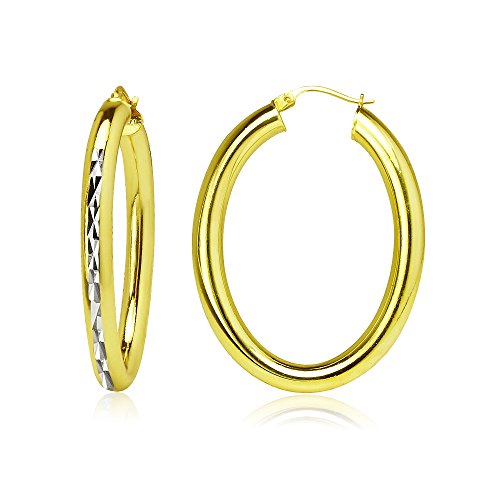 Hoops & Loops 925 Sterling Silver 4mm Thick Oval Diamond-Cut Hoop Earrings, 25mm 30mm, Silver, Yellow Gold, Rose Gold & Black - color: Yellow Gold 30mm-1.2''