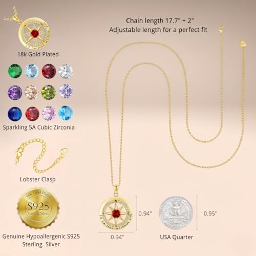 Compass Necklace for Women Wife Girlfriend Mom Daughter Gifts | S925 Silver Jewelry For Anniversary 18K Rose Gold Gifts For Birthday Christmas Mothers Valentines Day 12 Birthstones - style: 01-January-Gold