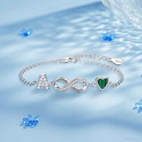 925 Sterling Silver Adjustable Letter Bracelets Infinity Heart Emerald Charm Link Bracelet ，Personalized Charm Alphabet Jewelry Valentines Christmas Mother’s Day Birthday Gifts - color: A