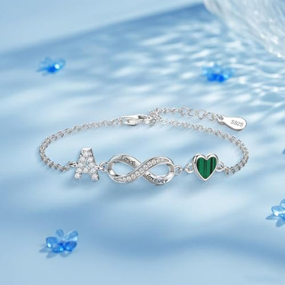 925 Sterling Silver Adjustable Letter Bracelets Infinity Heart Emerald Charm Link Bracelet ，Personalized Charm Alphabet Jewelry Valentines Christmas Mother’s Day Birthday Gifts - color: A