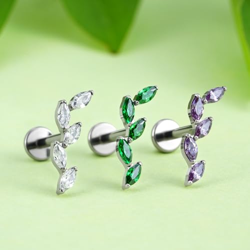 FINE4U 16G CZ Cluster Climber Cartilage Earring for Helix, Tragus - ASTM F136 Titanium Triple Marquise Labret Stud, Screw on Nickel Free Flat Back Jewelry - color: Five Marquise - Amethyst CZ - Tit