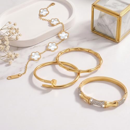 Stackable Gold Bracelets for Women - 4 Sets, 18K Gold Plated Bracelets, Stainless Steel Bangle Bracelets Non-Tarnish, Stylish Gold Jewelry Ensemble, Valentine's Day, Birthday and Christmas Jewelry Gifts - color: A7-(Gold 4Sets)