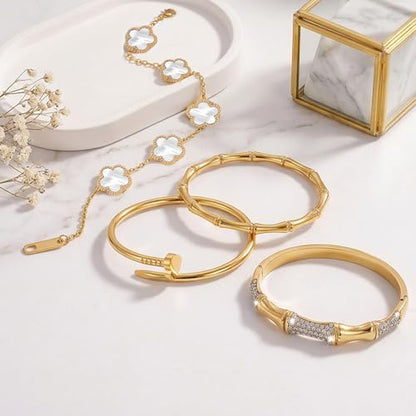 Stackable Gold Bracelets for Women - 4 Sets, 18K Gold Plated Bracelets, Stainless Steel Bangle Bracelets Non-Tarnish, Stylish Gold Jewelry Ensemble, Valentine's Day, Birthday and Christmas Jewelry Gifts - color: A7-(Gold 4Sets)
