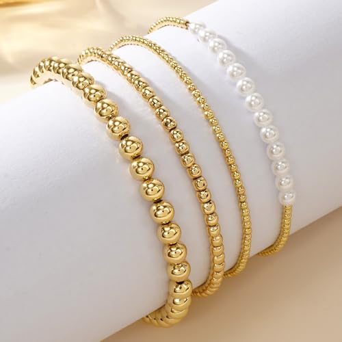 14K Gold Plated Beaded Bracelets Stack Set for Women,Stretch Boho Ball Jewelry Friendship Trendy - color: Pearl