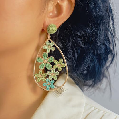 Boho Raffia Flower Teardrop Earrings Cute Colorful Dangle Trendy Jewelry | Floral Drop Statement Big Dangling Earring Hypoallergenic Gold Fun Unique Summer Spring Beach Vacation Outfits for Women - color: Green