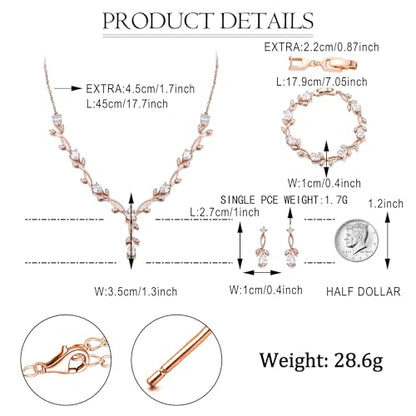 EVER FAITH Cubic Zirconia Pearl Leaf Bridal Jewelry Set for Bride Women | White Wedding Prom Necklace Dangle Earrings Bracelet, for Bridesmaid - color: CZ_Clear Rose Gold-Plated-Brass