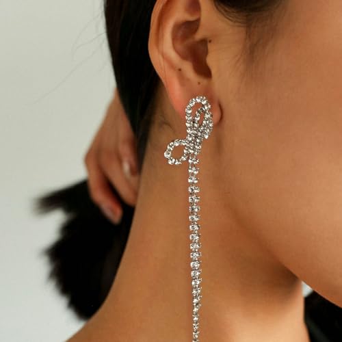Luxval Rhinestone Earrings Dangling for Women Sparkly Silver Dangle Earrings Girls Long Chandelier Earrings Tassel Lightweight Ear Studs Cubic Zirconia Crystal Statement - color: Silver-Bow
