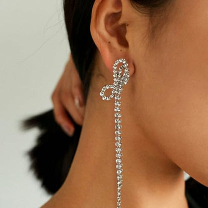 Luxval Rhinestone Earrings Dangling for Women Sparkly Silver Dangle Earrings Girls Long Chandelier Earrings Tassel Lightweight Ear Studs Cubic Zirconia Crystal Statement - color: Silver-Bow