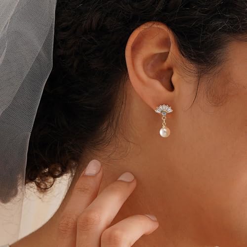 Plenky Pearl Earrings-14K Gold Plated Dainty Pearl Drop Simple Wedding CZ Dangle Dangling Cute Stud Earrings for Brides Earrings for Women Gifts - style: Fan-Shaped Zirconia Pearl Earrings