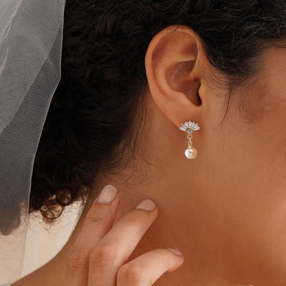 Plenky Pearl Earrings-14K Gold Plated Dainty Pearl Drop Simple Wedding CZ Dangle Dangling Cute Stud Earrings for Brides Earrings for Women Gifts - style: Fan-Shaped Zirconia Pearl Earrings