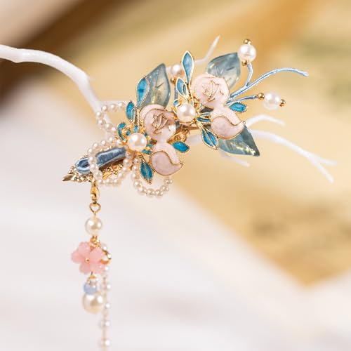 A Pair Wedding Hair Clips, Handmade Floral Design Crystal Hair Clips Pearl Barrettes, Rhinestones Flower Clips Pearl Headpieces Hair Pins Hair Accessories for Women Girls (Blue&White) - color: Blue&White