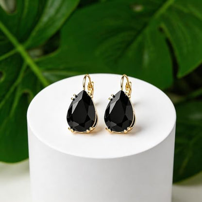 Gold Tone Teardrop Crystal Leverback Earrings Black and Metallic Earrings for Women Specific Rhinestone Water Droplet Dangle Drop Jewelry Black Teardrop Party Gifts