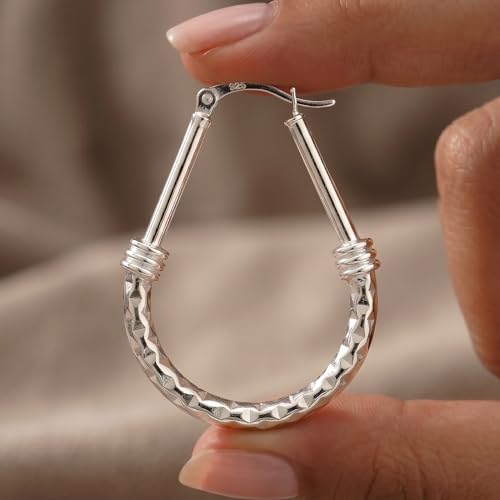 LeCalla 925 Sterling Silver Hoop Earrings for Women | Italian Design Classic Diamond-Cut Textured Hoops Earring | Women's Oval Drop Shape Silver Earring Jewelry - color: Large Classic Diamond-Cut