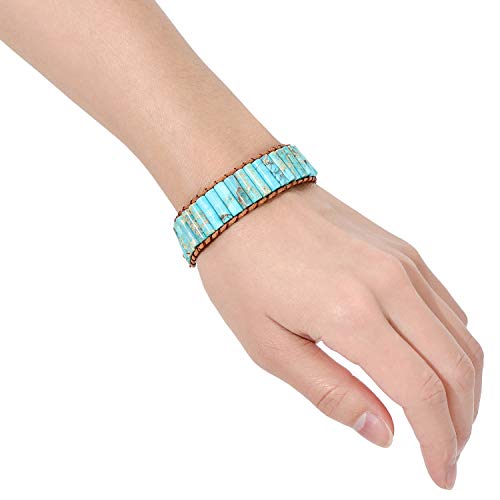 sedmart 7 Chakra Bracelets for Women with Real Stones Leather Wrap Healing Bead Bracelet Women Men Boho Friendship Jewelry - color: A4 Colorful flower button & Turquoise