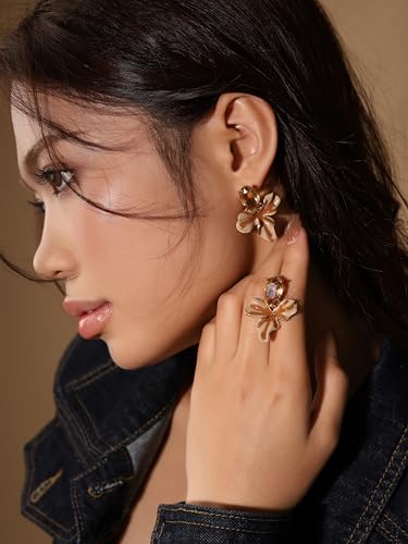 Statement Earthy Flower Dangle Earrings for Women, Elegant Floral Jewelry - color: Brown