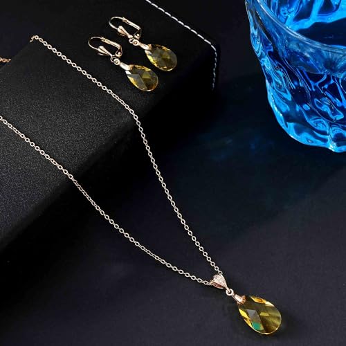Austrian Crystals Teardrop Pendant Necklace Earrings for Women 14K Gold Plated Hypoallergenic Leverback Drop Dangle Earrings Jewelry Set - color: Yellow