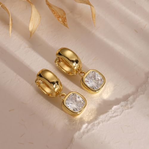 Gold Dangle Earrings for Women, 14K Gold Plated Chunky Hoop Earrings with Charms Cubic Zirconia Drop Earrings Statement Jewelry for Women - color: Gold C