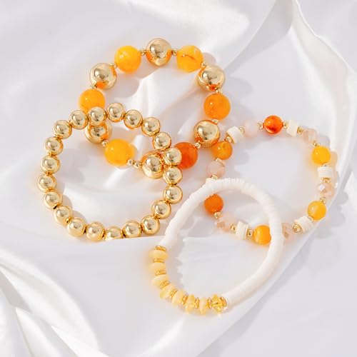 LALAPPLE Gold Plated Beaded Acrylic Bamboo Tube Bangle Bracelets for Women, Colorful Chunky Curved Tube With Gold Plated Pieces Beads Stretch Bracelet Friendship Summer Beach Jewelry - color: A-Style 1-gold 4pcs