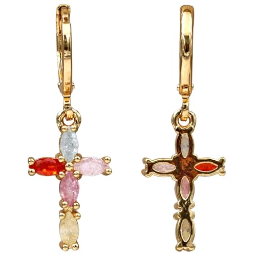 18K Gold Plated Flower Dangle Earrings for Women, Hypoallergenic Cubic Zirconia Earrings, Elegant CZ Drop Earrings, Statement Jewelry Gifts Party Fashion - style: OBS7525-Cross