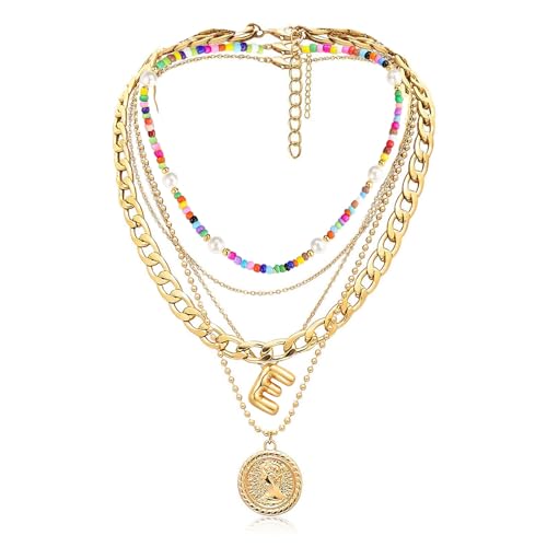 MJartoria Layered Necklaces for Women Trendy Balloon Initial Pendant Necklace Dainty Chunky Chain Beaded Choker Necklaces Jewelry Birthday Gifts - color: Gold, style: E