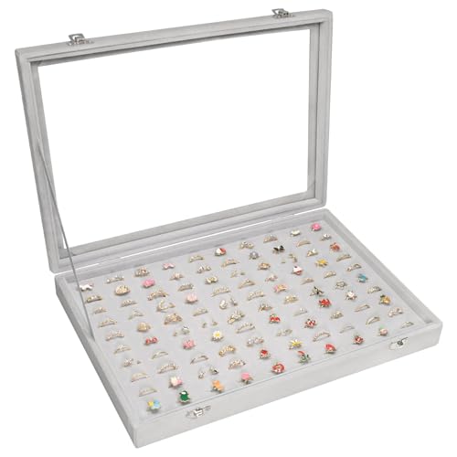 Vicoter 100 Slots Ring Organizer Tray,Velvet Ring Box with Clear Lid | Velvet Lining Provides Protection,Fits Rings of Various Sizes,Glass Lid Jewelry Tray,for Personal Use and Ring Display Grey - color: Grey