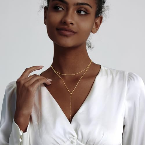 LULII Gold Necklace for Women Trendy Lariat Y Necklace Dainty 14k Gold Plated/Silver Long Necklaces for Women Layered Beaded Drop Necklaces Simple Y-Shaped Chain Jewelry Gifts - color: Y Layered Bead Necklace-Gold