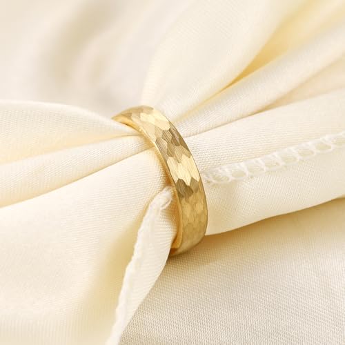 4-6mm Hammered Tungsten Wedding Band Matte for Men and Women | Matte Brushed Finish, Scratch and Fade Resistant, Engraved Faceted Pattern, Dome Profile, 4mm/6mm/8mm, Sizes 6–12 - color: 4mm Hammered Gold