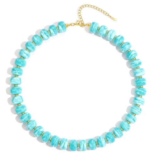 Beaded Necklaces for Women - Colorful Acrylic Beaded Chunky Necklace | Adjustable Statement Necklace, Puffy Heart Pendant, Boho Choker Necklace, Waterproof Summer Beach Jewelry, Gifts for Vacation - color: Turquoise