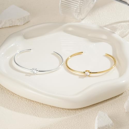 Gold Cuff Bracelets for Women, 14K Gold Plated Dainty Open CZ Cuff Bracelet Adjustable Stackable Open Bangle Bracelet Birthday Jewelry Gift for Her - color: Round CZ-Silver