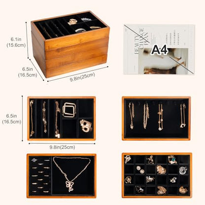 ProCase 4-Set Bamboo Stackable Jewelry Organizer Tray, Jewelry Drawer Inserts Container Display Case Storage for Earring Necklace Rings Bracelet with Removable Dividers -Black
