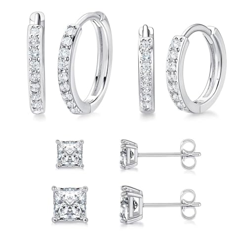 White Gold Earrings for Women Men Hoop and Stud Earring Set | Hypoallergenic 14K White Gold Plated Hoops Huggie Stud Earrings Set Round Cubic Zirconia Ear Jewelry - style: A2-White Gold-Hoop&Square Stud (4 Pairs)