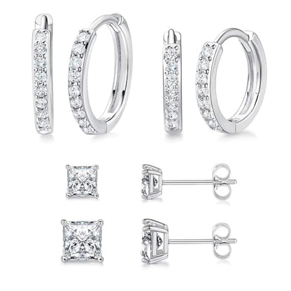 White Gold Earrings for Women Men Hoop and Stud Earring Set | Hypoallergenic 14K White Gold Plated Hoops Huggie Stud Earrings Set Round Cubic Zirconia Ear Jewelry - style: A2-White Gold-Hoop&Square Stud (4 Pairs)