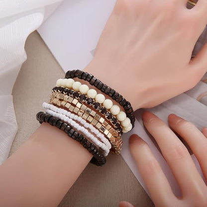 LUREME Boho Multi Strand Stackable Stretch Bracelet Set Wooden Cube Alloy Bead Bangle bl003172 - color: Dk Brown