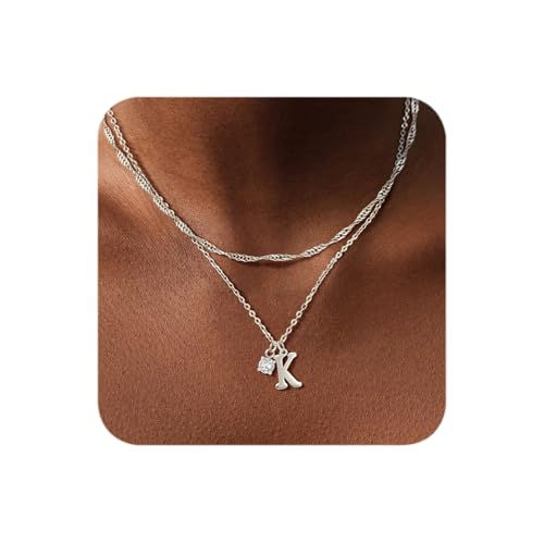 Sterling Silver Initial Necklaces for Women Girls Dainty Letter Necklace Stack Non Tarnish Silver Layered Necklaces Simple Chain CZ Diamond Pendant Necklaces Stacked A-Z Name Personalized Trendy Jewelry Gift - style: K
