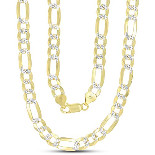 14K Gold or Rhodium Plated Silver Figaro Diamond Cut Pave Chain For Men | 1mm-13mm Thick | Solid 925 Figaro Italian Necklaces For Men - style: 7.50MM- Yellow & White