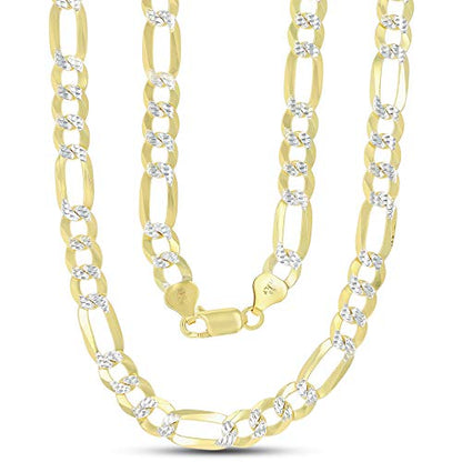 14K Gold or Rhodium Plated Silver Figaro Diamond Cut Pave Chain For Men | 1mm-13mm Thick | Solid 925 Figaro Italian Necklaces For Men - style: 7.50MM- Yellow & White