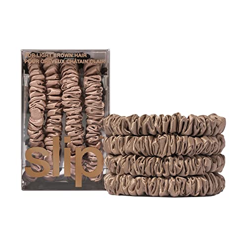 Slip Silk Hair Ties — Skinny Silk Light Brown Scrunchies, No Damage, No Crease, Anti-Breakage |100% Mulberry Silk | All Hair Types | Made with Proprietary Slipsilk™ | Set of 4 - color: Light Brown