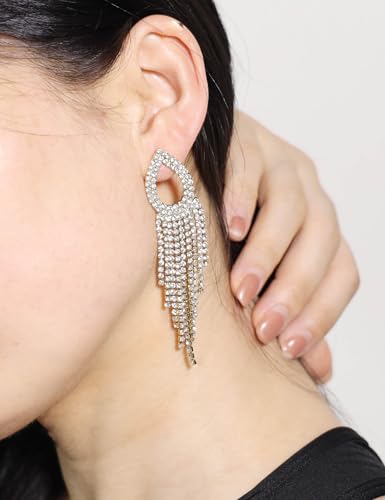 Rhinestone Teardrop Tassel Earrings Sparkly Crystal Bridal Party Jewelry for Women - color: 14K Gold Plated