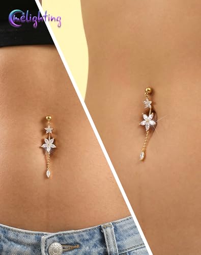 Melighting 14G Lotus Belly Button Ring Dangle Navel Ring Surgical Steel | 316L Reverse Belly Piercing Jewelry AAA Cubic Zircon, 10 mm Silver Gold Double Flower Barbell Bar Body Jewellery for Women - color: Gold Lotus