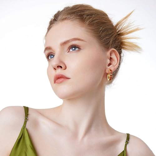 Trendy 14K Gold Plated Hoop Earrings for Women, Chunky Gold/Silver Earrings for Women Cubic Zirconia Baguette Hoop Earrings Heart Hoops Lightweight Hypoallergenic Jewelry,25mm/35mm/40mm/50mm - color: 01 Gold Burnt Orange Hoops 25mm