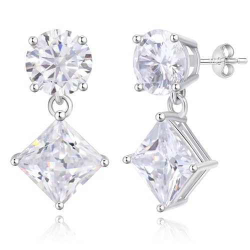 Cubic Zirconia Stud Earrings for Women,18K White Gold Plated,Women's 925 Sterling Silver Simulated CZ Earrings with Pear/Round/Princess/Oval Cut. - style: Princess-Round